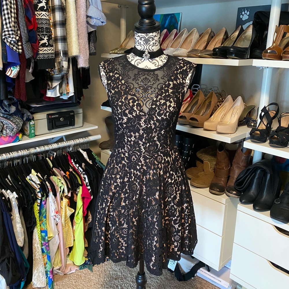 Nude illusion black lace cocktail dress